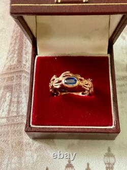 Ancienne Bague Or Rose Argent Massif Saphir Bleu Véritable Monture Ouvragée