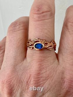 Ancienne Bague Or Rose Argent Massif Saphir Bleu Véritable Monture Ouvragée