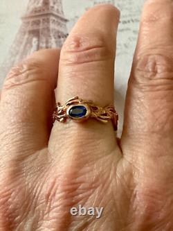 Ancienne Bague Or Rose Argent Massif Saphir Bleu Véritable Monture Ouvragée