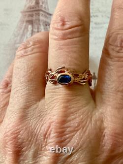 Ancienne Bague Or Rose Argent Massif Saphir Bleu Véritable Monture Ouvragée