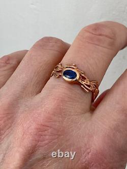 Ancienne Bague Or Rose Argent Massif Saphir Bleu Véritable Monture Ouvragée