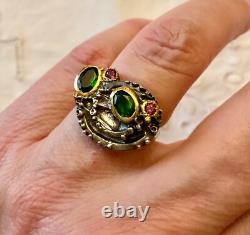 Ancienne Bague Peridot Grenat Argent Massif Design Moderniste Taille 53