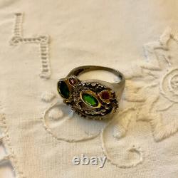 Ancienne Bague Peridot Grenat Argent Massif Design Moderniste Taille 53
