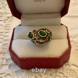 Ancienne Bague Peridot Grenat Argent Massif Design Moderniste Taille 53