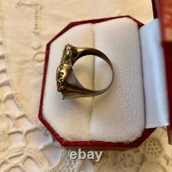 Ancienne Bague Peridot Grenat Argent Massif Design Moderniste Taille 53