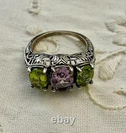 Ancienne Bague Trilogie Argent Massif Ouvragé Améthyste Et Péridot
