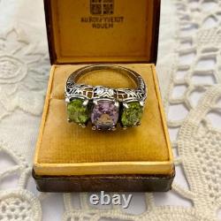 Ancienne Bague Trilogie Argent Massif Ouvragé Améthyste Et Péridot