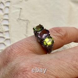 Ancienne Bague Trilogie Argent Massif Ouvragé Améthyste Et Péridot