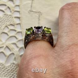 Ancienne Bague Trilogie Argent Massif Ouvragé Améthyste Et Péridot