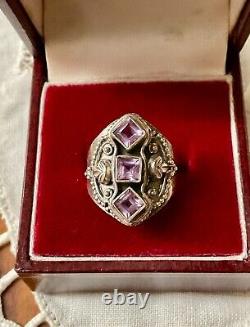 Ancienne Bague Trilogie Argent Massif Ouvragée 3 Améthystes Véritables T54