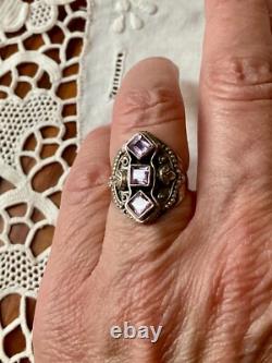 Ancienne Bague Trilogie Argent Massif Ouvragée 3 Améthystes Véritables T54