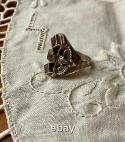 Ancienne Bague Trilogie Argent Massif Ouvragée 3 Améthystes Véritables T54