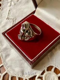 Ancienne Bague Trilogie Argent Massif Ouvragée 3 Améthystes Véritables T54