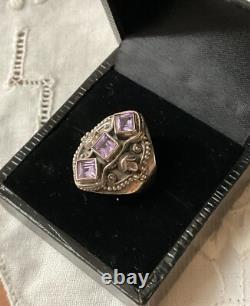 Ancienne Bague Trilogie Argent Massif Ouvragée 3 Améthystes Véritables T54