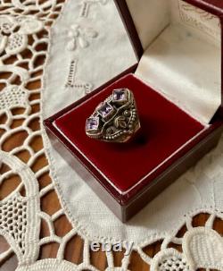 Ancienne Bague Trilogie Argent Massif Ouvragée 3 Améthystes Véritables T54