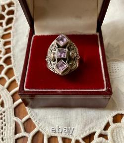 Ancienne Bague Trilogie Argent Massif Ouvragée 3 Améthystes Véritables T54
