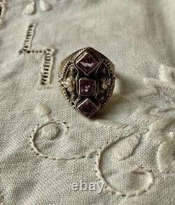 Ancienne Bague Trilogie Argent Massif Ouvragée 3 Améthystes Véritables T54