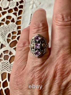 Ancienne Bague Trilogie Argent Massif Ouvragée 3 Améthystes Véritables T54