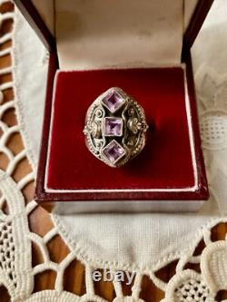 Ancienne Bague Trilogie Argent Massif Ouvragée 3 Améthystes Véritables T54