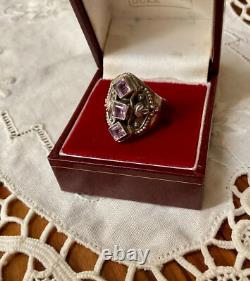 Ancienne Bague Trilogie Argent Massif Ouvragée 3 Améthystes Véritables T54