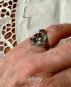 Ancienne Bague Trilogie Argent Massif Ouvragée 3 Améthystes Véritables T54