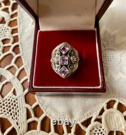 Ancienne Bague Trilogie Argent Massif Ouvragée 3 Améthystes Véritables T54