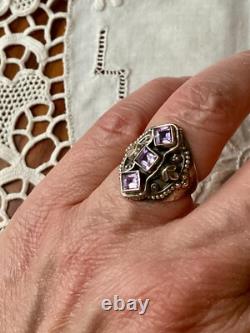 Ancienne Bague Trilogie Argent Massif Ouvragée 3 Améthystes Véritables T54