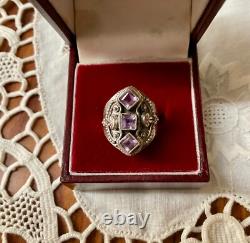 Ancienne Bague Trilogie Argent Massif Ouvragée 3 Améthystes Véritables T54