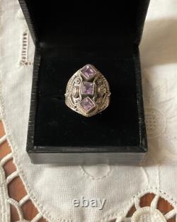 Ancienne Bague Trilogie Argent Massif Ouvragée 3 Améthystes Véritables T54