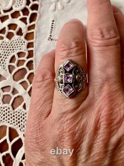 Ancienne Bague Trilogie Argent Massif Ouvragée 3 Améthystes Véritables T54