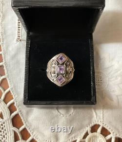 Ancienne Bague Trilogie Argent Massif Ouvragée 3 Améthystes Véritables T54