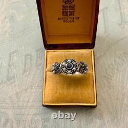 Ancienne Bague Trilogie Saphir Perle Fine Et Argent Massif
