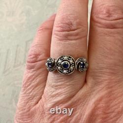 Ancienne Bague Trilogie Saphir Perle Fine Et Argent Massif