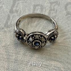 Ancienne Bague Trilogie Saphir Perle Fine Et Argent Massif