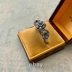Ancienne Bague Trilogie Saphir Perle Fine Et Argent Massif