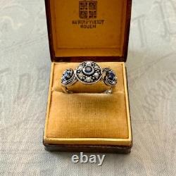Ancienne Bague Trilogie Saphir Perle Fine Et Argent Massif