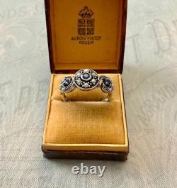 Ancienne Bague Trilogie Saphir Perle Fine Et Argent Massif