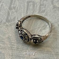 Ancienne Bague Trilogie Saphir Perle Fine Et Argent Massif