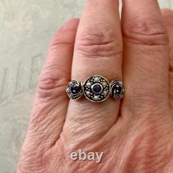 Ancienne Bague Trilogie Saphir Perle Fine Et Argent Massif