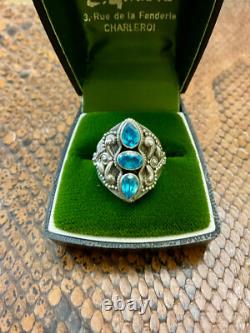 Ancienne Bague Trilogie Unique Argent Massif Ouvragé 3 Topazes Bleues