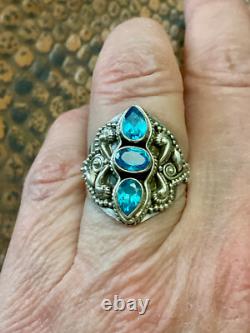 Ancienne Bague Trilogie Unique Argent Massif Ouvragé 3 Topazes Bleues