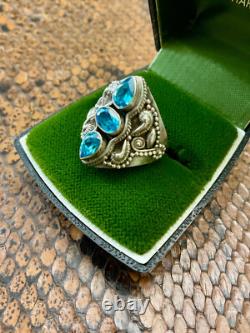 Ancienne Bague Trilogie Unique Argent Massif Ouvragé 3 Topazes Bleues