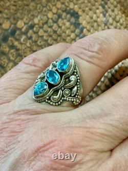 Ancienne Bague Trilogie Unique Argent Massif Ouvragé 3 Topazes Bleues