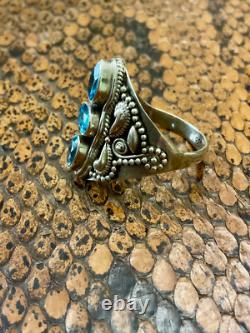 Ancienne Bague Trilogie Unique Argent Massif Ouvragé 3 Topazes Bleues