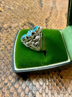 Ancienne Bague Trilogie Unique Argent Massif Ouvragé 3 Topazes Bleues
