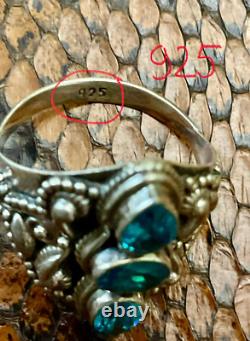 Ancienne Bague Trilogie Unique Argent Massif Ouvragé 3 Topazes Bleues