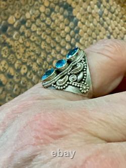 Ancienne Bague Trilogie Unique Argent Massif Ouvragé 3 Topazes Bleues