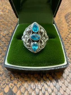 Ancienne Bague Trilogie Unique Argent Massif Ouvragé 3 Topazes Bleues