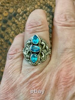 Ancienne Bague Trilogie Unique Argent Massif Ouvragé 3 Topazes Bleues