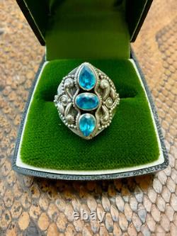Ancienne Bague Trilogie Unique Argent Massif Ouvragé 3 Topazes Bleues